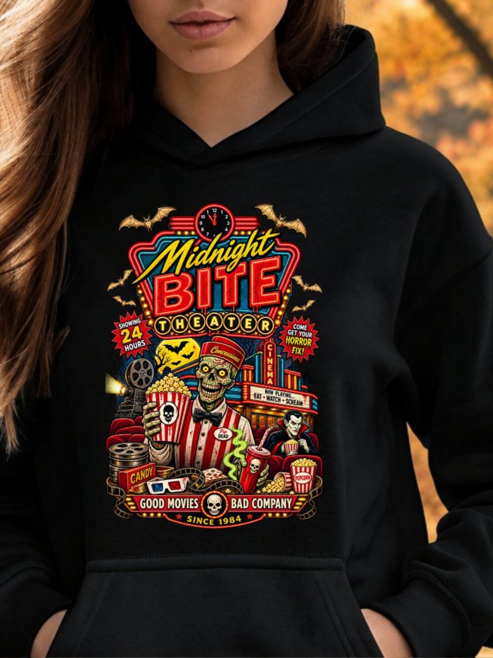 Midnight Bite Theater HOODIE Graphic Sweatshirt Halloween Horror Skeleton Gift